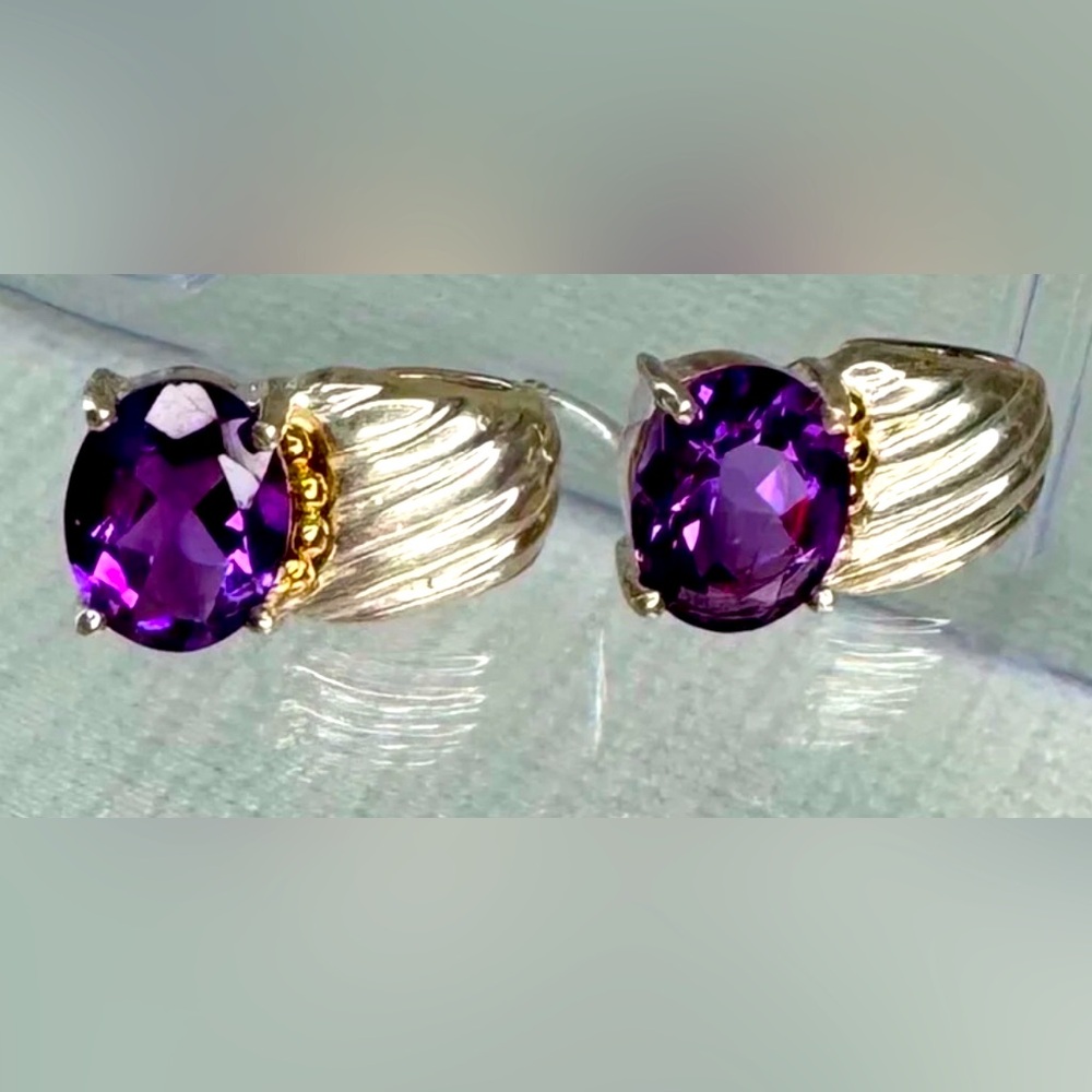 Clyde Dunier CID Sterling Silver and 14k Yellow Gold Amethyst Stud Earrings 925